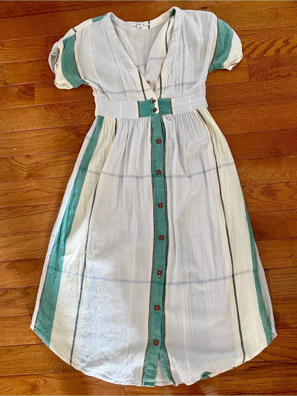 O'Neill Blue Green Striped Button Front Midi Dress Coastal Cottagecore Size M